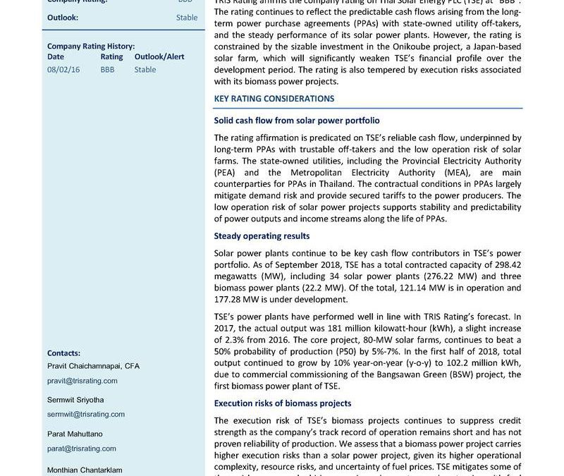 TRIS Rating affirms the company rating on Thai Solar Energy PLC (TSE) at BBB